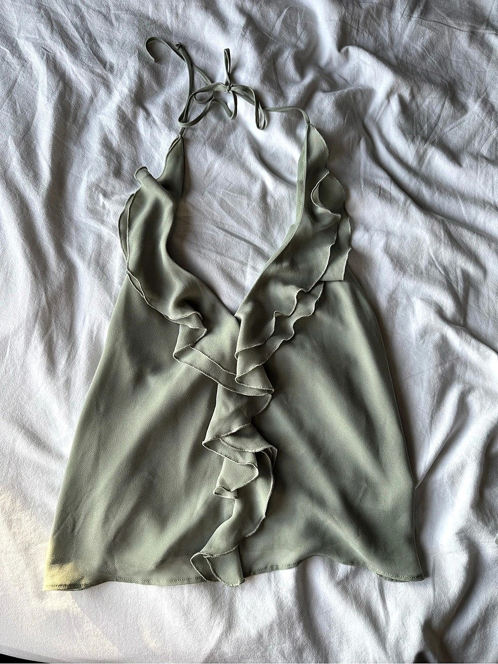 Dynamite Open Back Halter Ruffle Top Sage Green